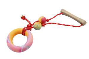 Dog toy with rope and rubber ring that floats in water