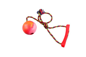 Toy for dogs made of rubber ball and rope with a handle, 6cm ball diameter