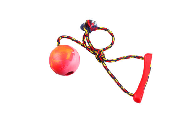 Toy for dogs made of rubber ball and rope with a handle, 6cm ball diameter