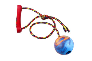 Rope dog toy with a handle and rubber ball