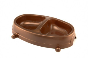 Double dinner plastic dog or cat bowl with two compartments for food and water, anti-skid, size small