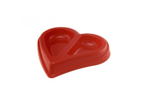Heart shape plastic dog or cat bowl with two compartments, one for food one for water