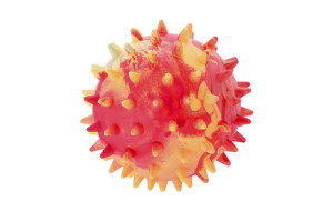 Prickly ball dog toy made from thermoplastic rubber that floats in water