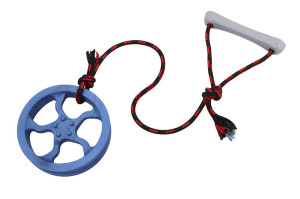 A toy for dogs made of rubber rim tire and rope with handle to use for fetching