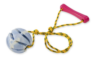 Dog fetcher made from rubber spiral ball and rope with handle