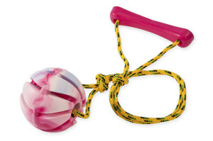 Dog toy made from rope with handle and spiral rubber ball