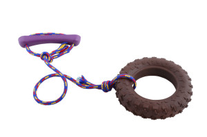 Rubber tire and rope with handle dog tug that floats in water