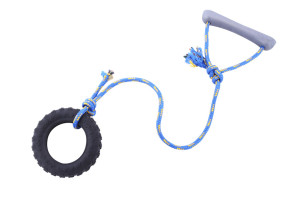 Toy for dogs made from solid rubber tire and rope with handle