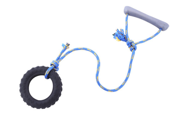Toy for dogs made from solid rubber tire and rope with handle